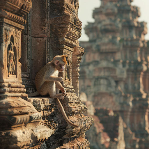 Adorable monkey exploring ancient ruins