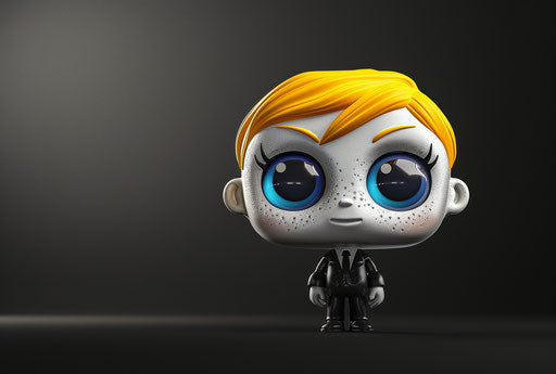 3D character with blue eyes on black and yellow background, emotionally complex style