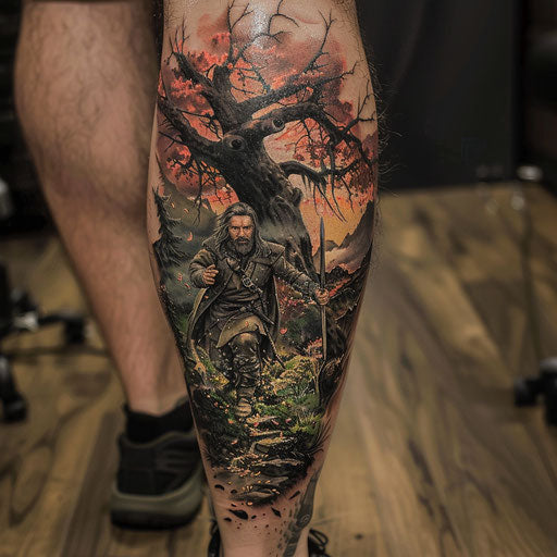 Calf tattoo with epic fantasy