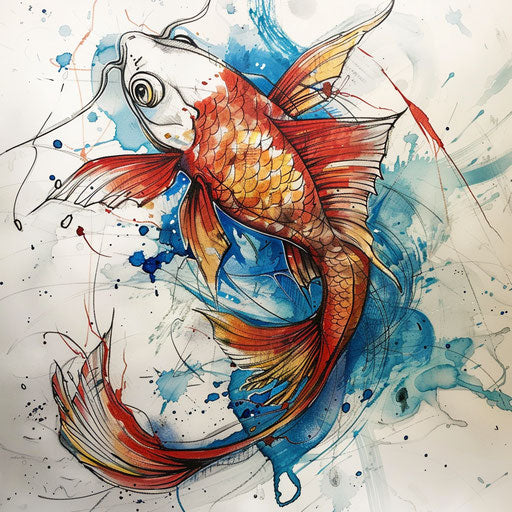 Sketch of a fantasy fish tattoo with mythical elements and dreamy colors