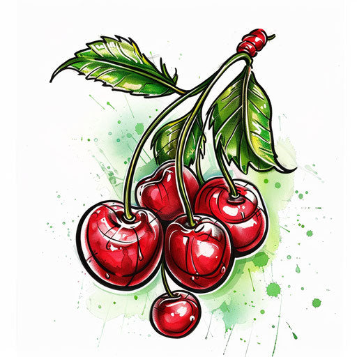 Vibrant cherry tattoo in watercolor on white background