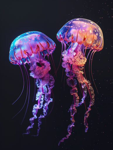 Two jellyfish with small tentacles on black background