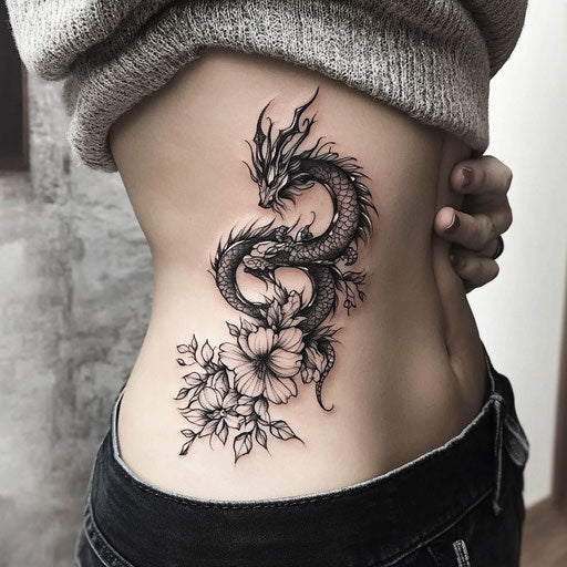 Women's rib tattoos with tribal dragon and flowers