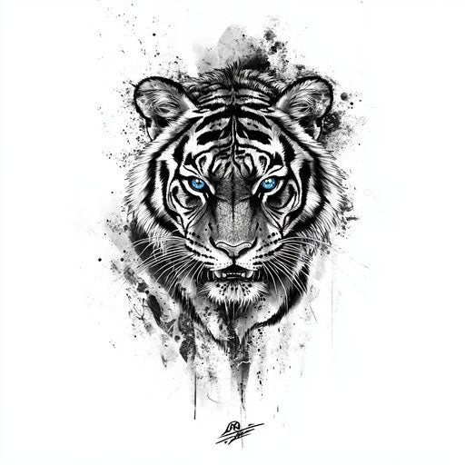 Roaring tiger with piercing eyes, flat tattoo sketch artwork