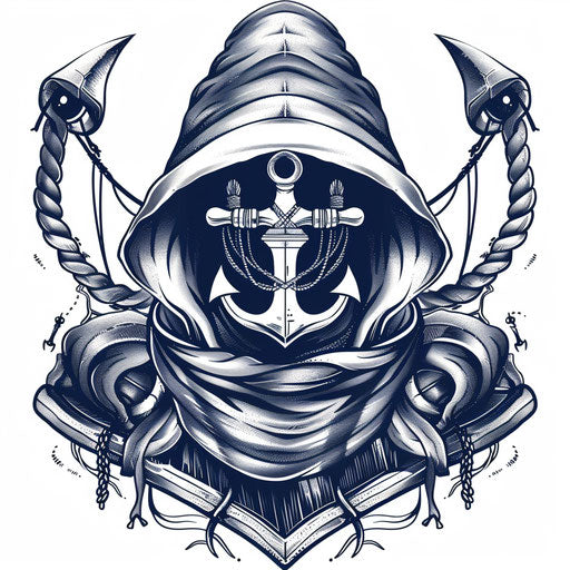 Flat tattoo sketch of a sailor's hood with classic maritime symbols in navy and white