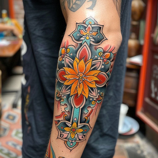 Traditional vibrant cross tattoo for men with cultural influences