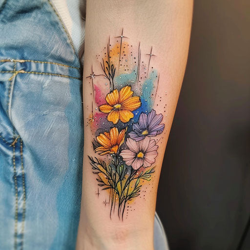 Wildflower tattoo with galaxy and cosmic colors