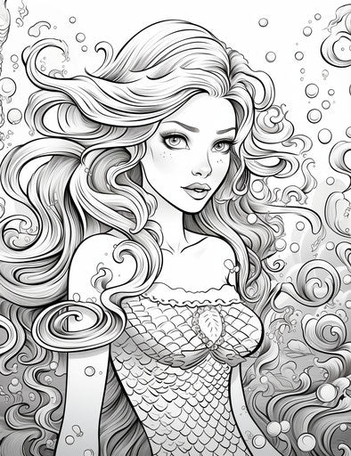 Mermaid girl coloring pages, in the style of captivating, colorful cartoon 24:31