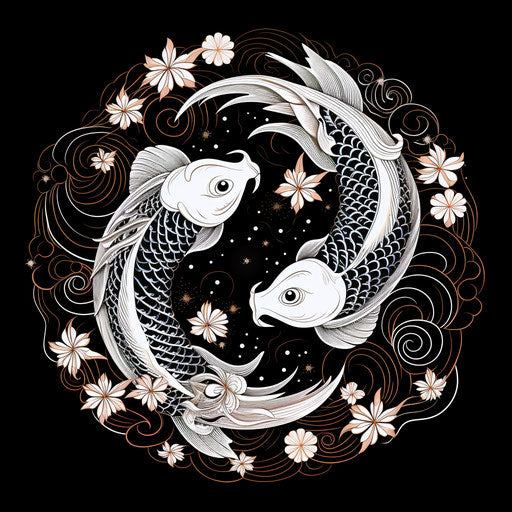 Two black and white yin yang patterns with two koi fish
