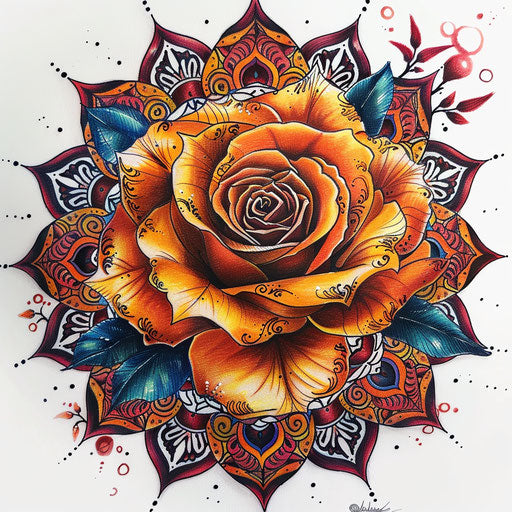 Bohemian tattoo sketch of an amber rose with intricate mandala patterns in the background, vibrant and colorful