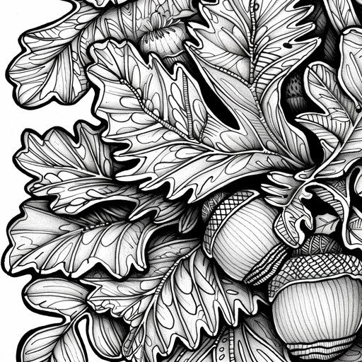 Textures and patterns of an acorn up close. Coloring book page