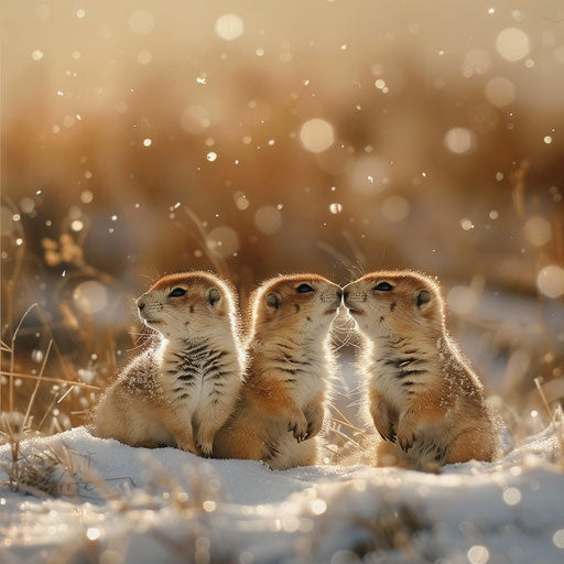 Prairie dogs in a snowy grassland landscape