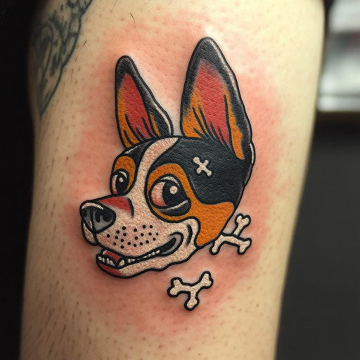 Dog ear tattoo in Ed Hardy style with skull