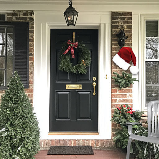 A charming front porch adorned with holiday greens and a Santa hat hanging cheerfully on the door knocker.