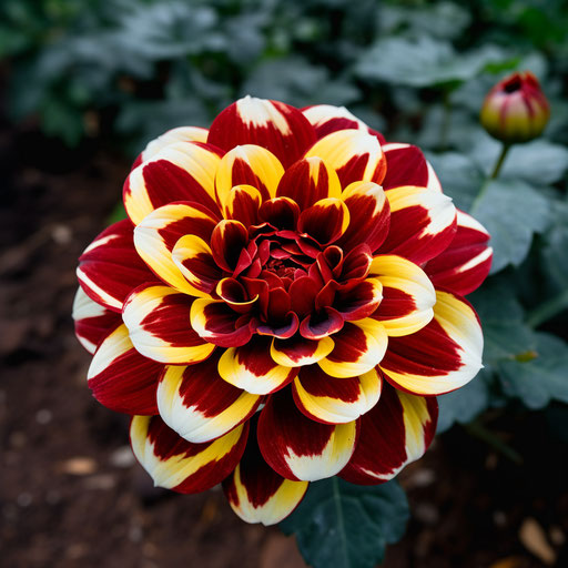 Yellow striped flower in a planting bed, dark red and light red