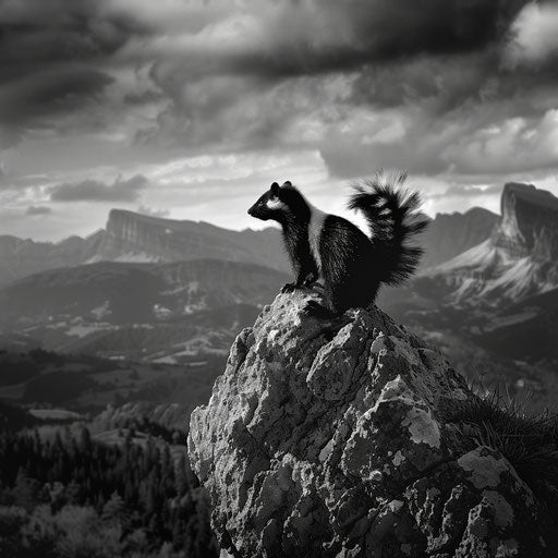 A skunk on a rock with mountains in the background in the style of Laurent Baheux