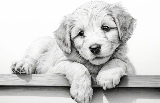 Puppy in black and white engraved style, detailed design