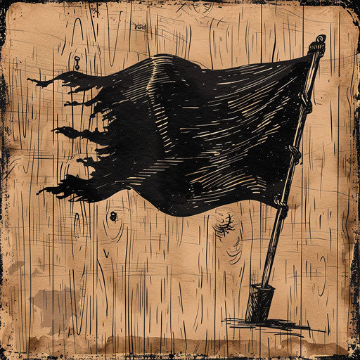 Black flag blowing on wooden ship deck