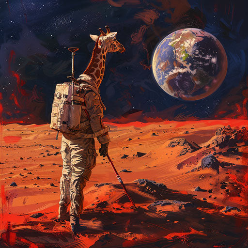 Giraffe astronaut exploring Mars, Earth in background