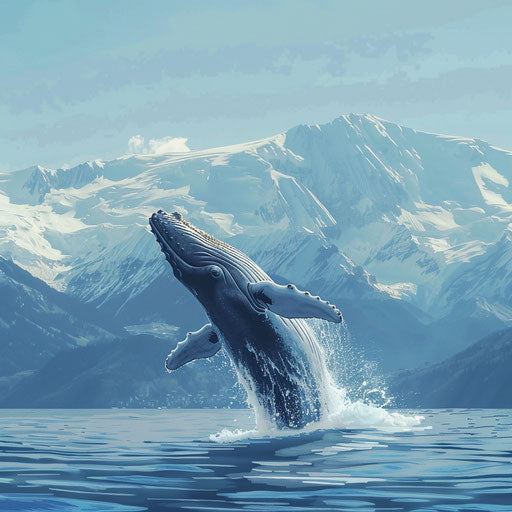 Blue whale breaching with mountains in the background