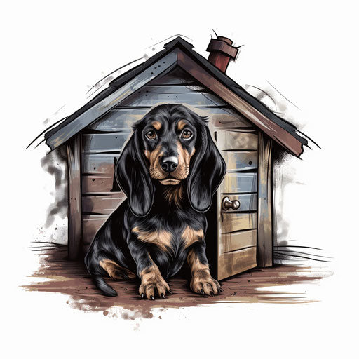 Dog house artwork in the style of Chiaroscuro Art, on white background