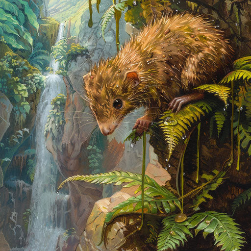 Antechinus on a fern frond, with a cascade of waterfalls in the lush background