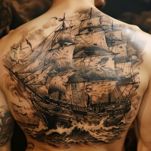 Realism tattoos of a pirate ship, Sailor Jerry style, back
