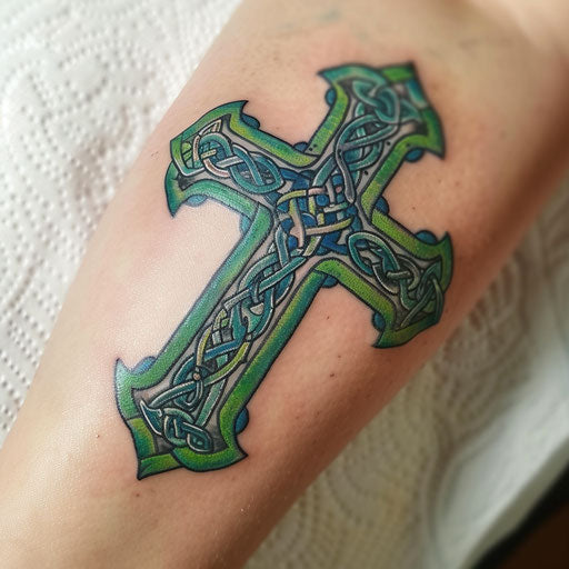 Vibrant Celtic cross tattoo in traditional colors on white background