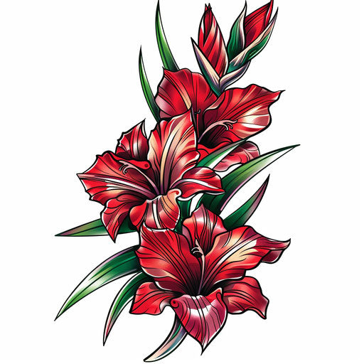 Vibrant gladiolus flower tattoo design with red and green on white background