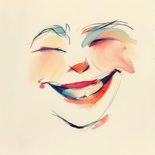 Whimsical tattoo sketch of a laughing face in minimalist clipart style with soft pastel shades