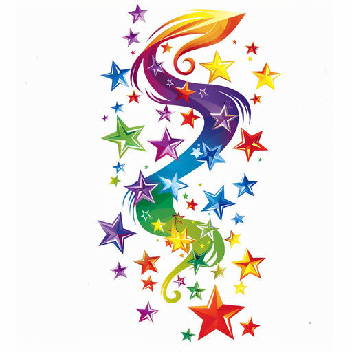 Cascading stars in rainbow colors in a flat tattoo sketch for pride