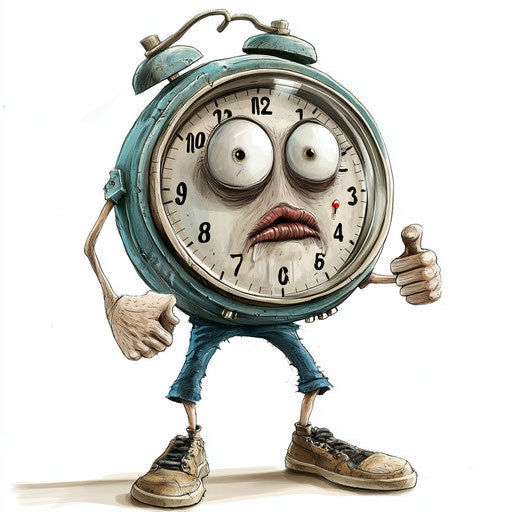 Humorous caricature of a stopwatch with human characteristics