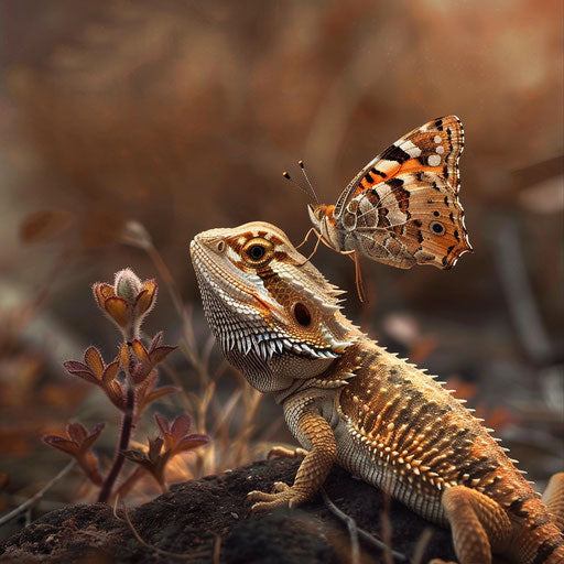 Playful interaction between a bearded dragon and a butterfly