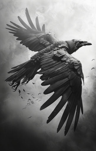 Raven in flight crow print poster photo, in the style of negative space