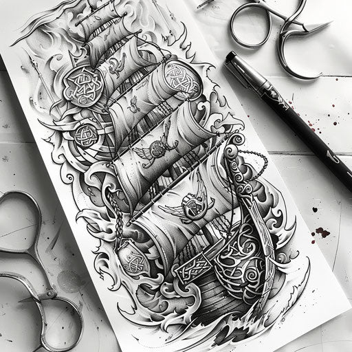 Artistic linework tattoo sketch of a Viking ship with detailed carvings