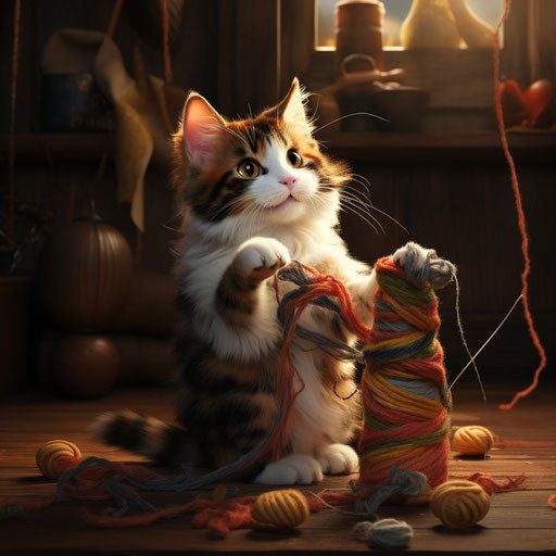 Calico cat playing with yarn