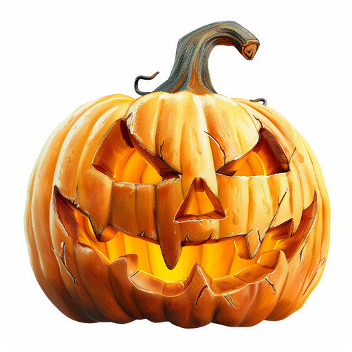Realistic Halloween pumpkin clipart on flat white background, bright colors and high detail
