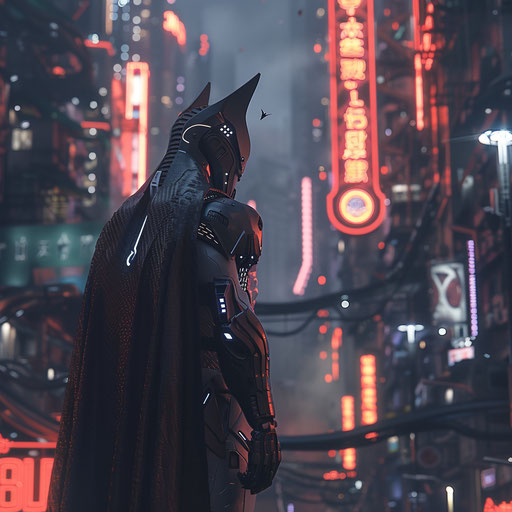 Cybernetic bat in a futuristic city