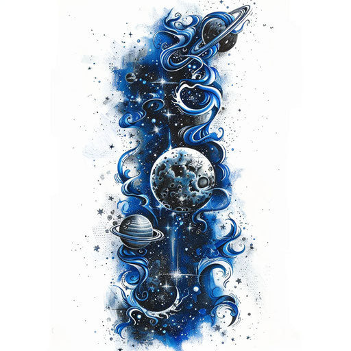 Space-themed tattoo sketch for 666 with stars and planets in dark blue and silver
