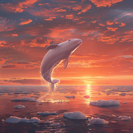 A white whale jumping in front of a stunning sunset