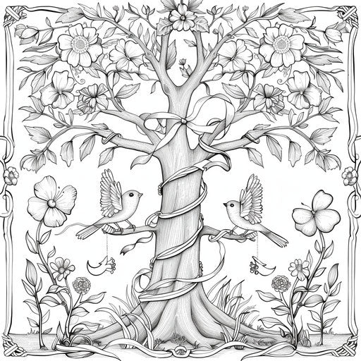 Birds decorating a tree with ribbons and flowers