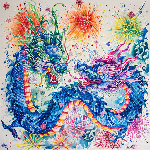 Chinese New Year celebration: fireworks, dragons, vibrant tattoo art on white paper.