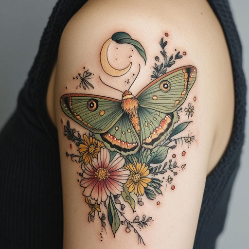 Luna moth with flowers on upper arm in Merian style