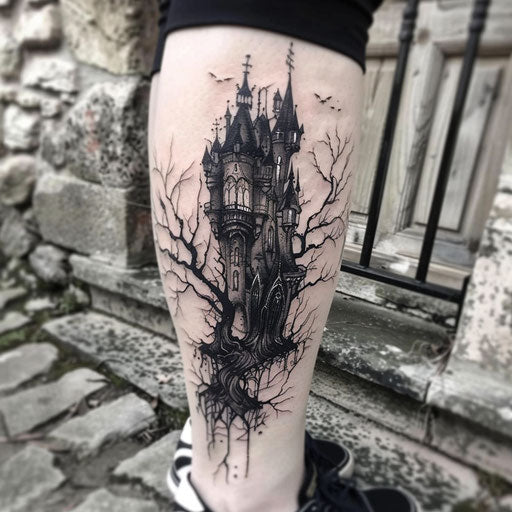 Black gothic style tattoo, with haunted castle on white