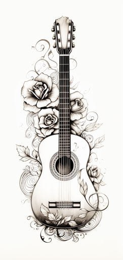 Acoustic guitar and pen, classic tattoo style, beautiful