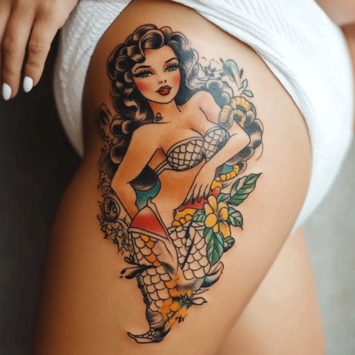 Side tattoos for women with a vintage pin-up girl and nautical elements