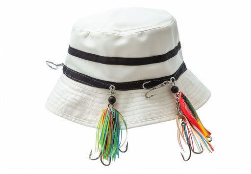 White fishing hat with hanging fishing lures