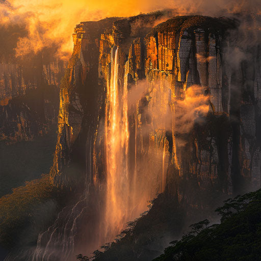 Angel Falls with epic mist and golden hour light