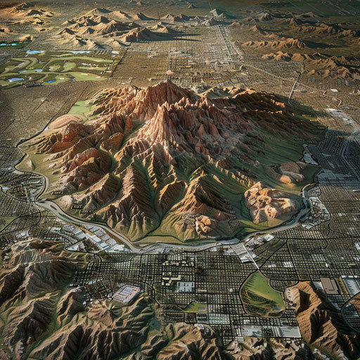 Aerial view of Camelback Mountain with Phoenix cityscape, in the style of Lucas Foglia