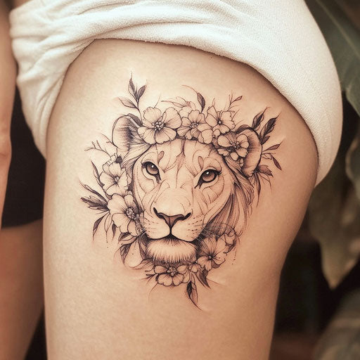 Lioness with flower crown tattoo sketch on thigh